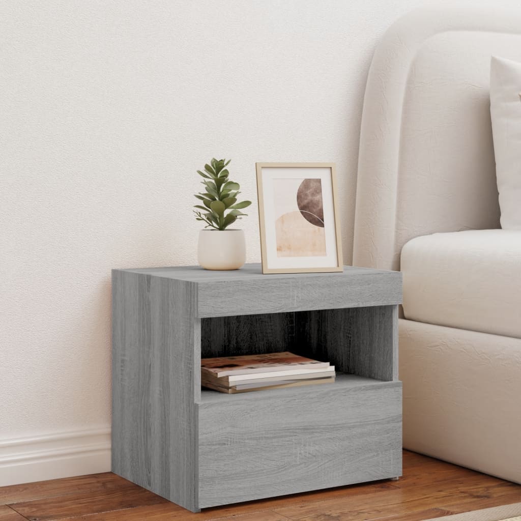 Grey Sonoma Bedside Cabinet with LED Lights - 50x40x45 cm