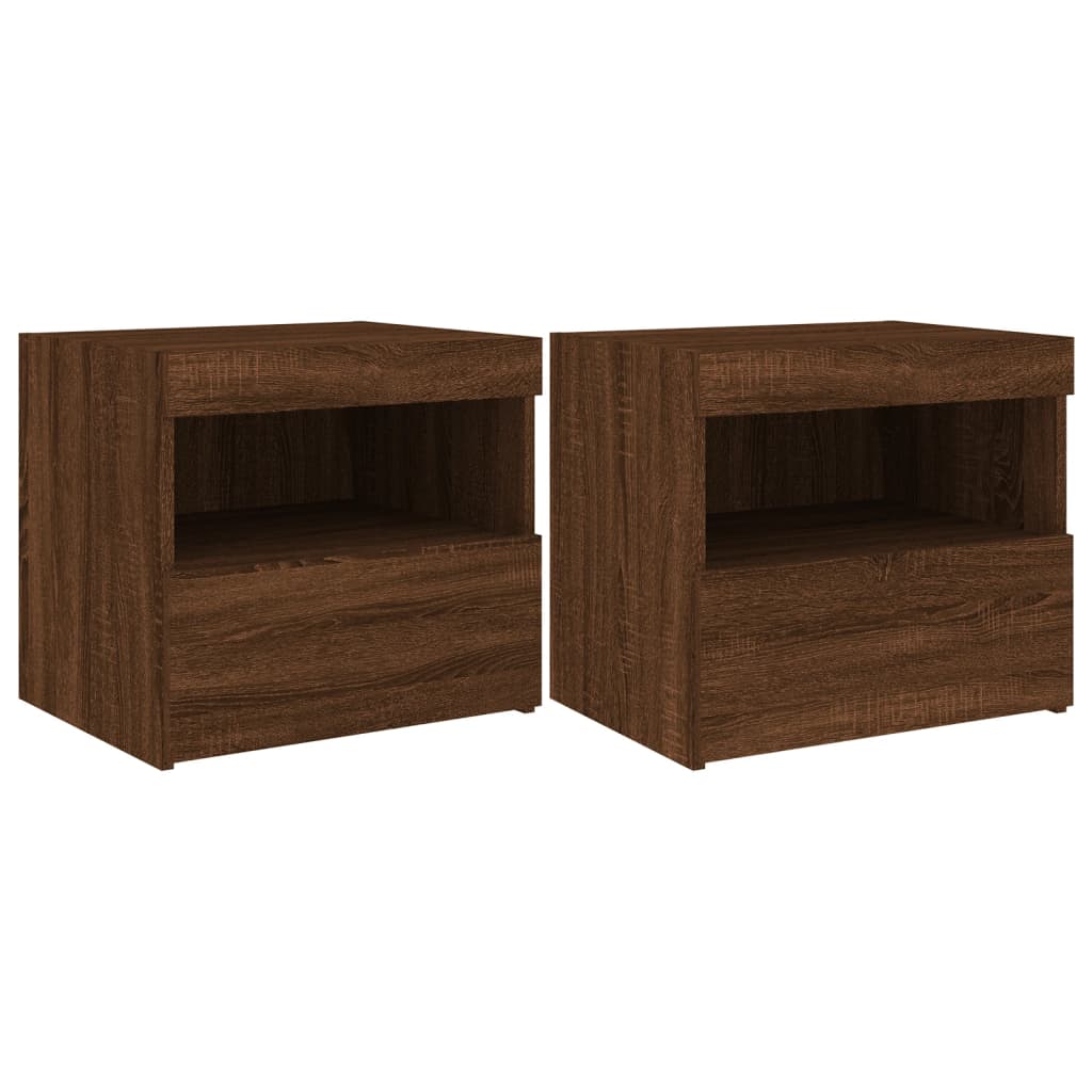 Brown Oak Bedside Cabinets with LED Lights, 2 Pcs, 50x40x45 cm