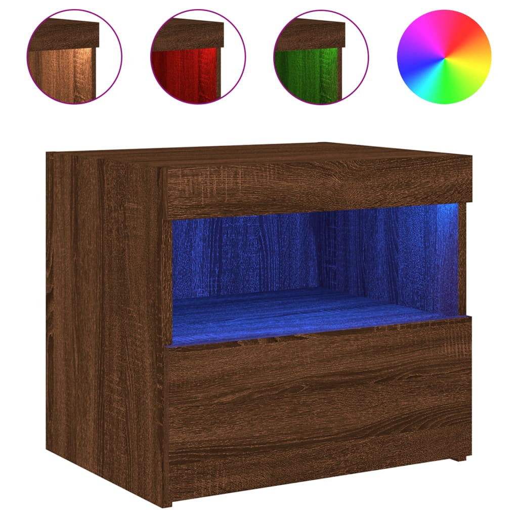 Brown Oak Bedside Cabinets with LED Lights, 2 Pcs, 50x40x45 cm