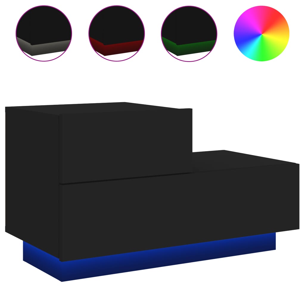 Black Bedside Cabinet with LED Lights, 70x36x40.5 cm, Modern Design