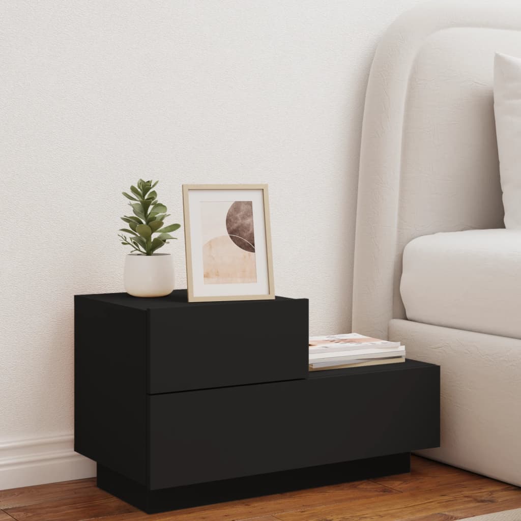 Black Bedside Cabinet with LED Lights, 70x36x40.5 cm, Modern Design