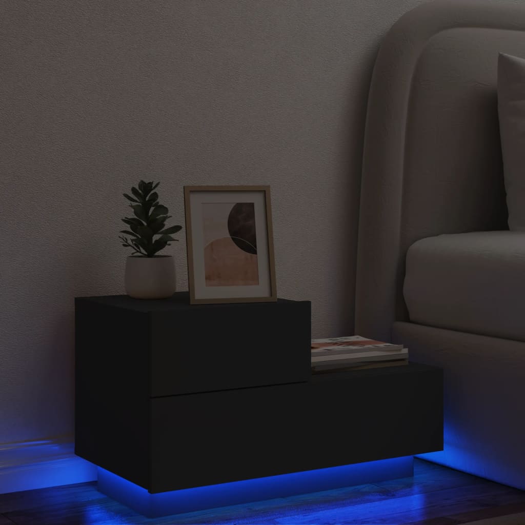 Black Bedside Cabinet with LED Lights, 70x36x40.5 cm, Modern Design