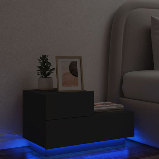 Black Bedside Cabinet with LED Lights, 70x36x40.5 cm, Modern Design