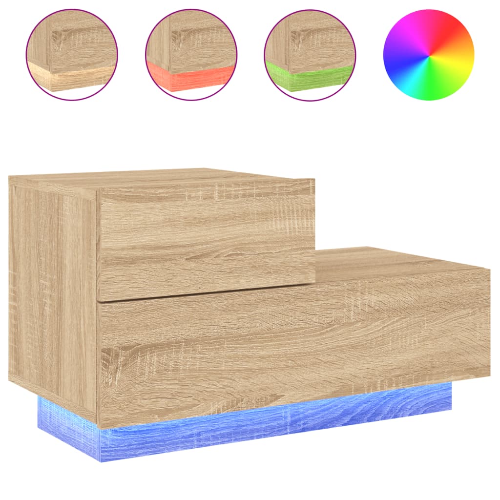 Sonoma Oak Bedside Cabinet with LED Lights - 70x36x40.5 cm