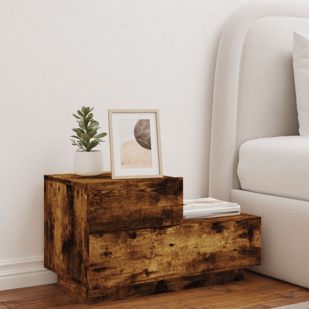 Smoked Oak Bedside Cabinet with LED Lights, 70x36x40.5 cm