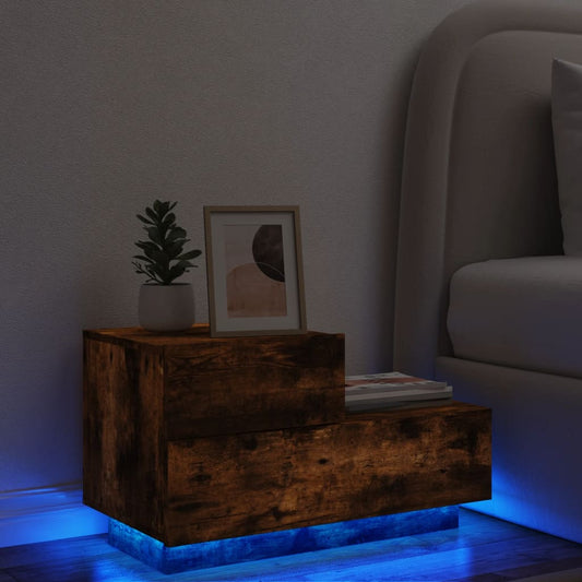 Smoked Oak Bedside Cabinet with LED Lights, 70x36x40.5 cm