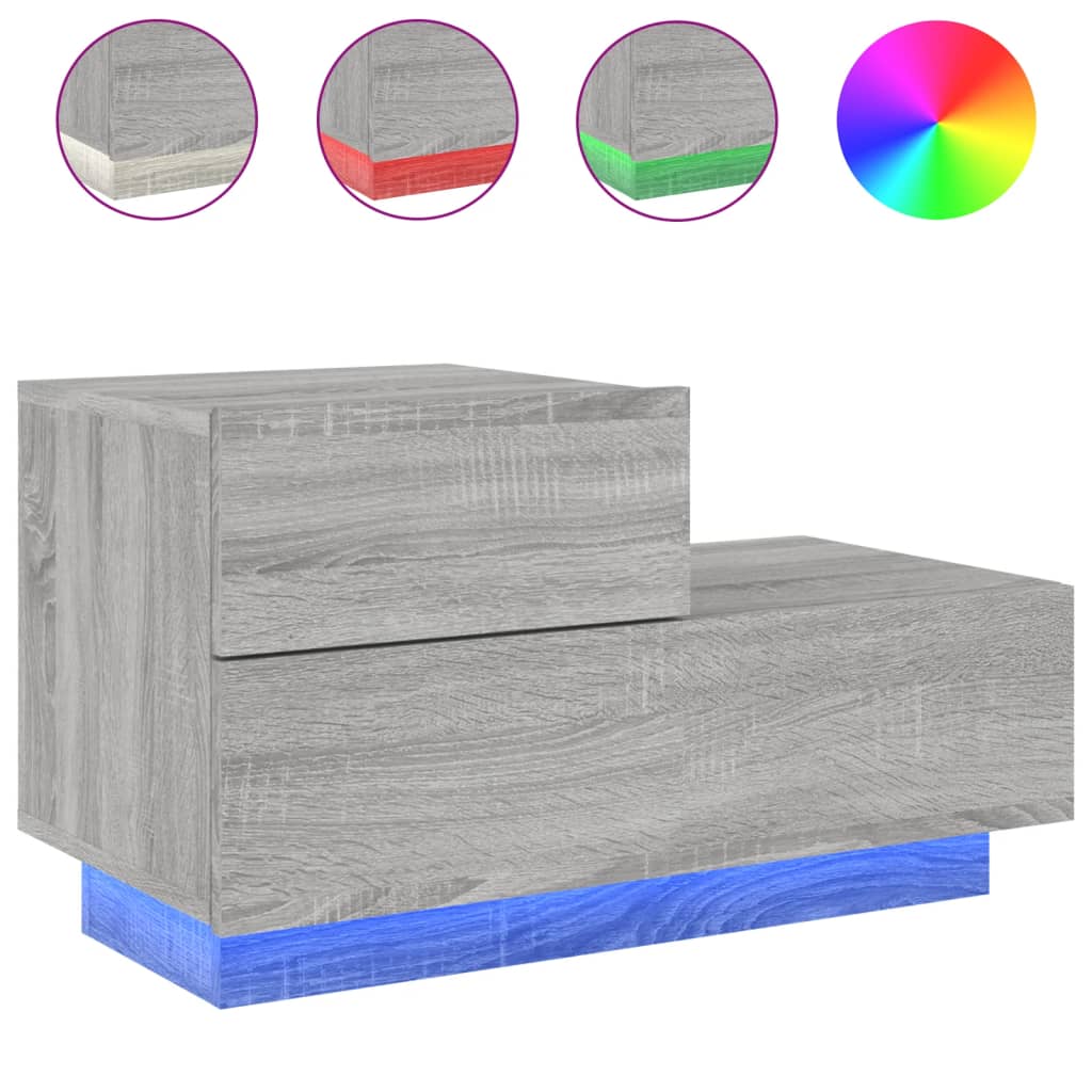 Grey Sonoma Bedside Cabinet with LED Lights, 70x36x40.5 cm