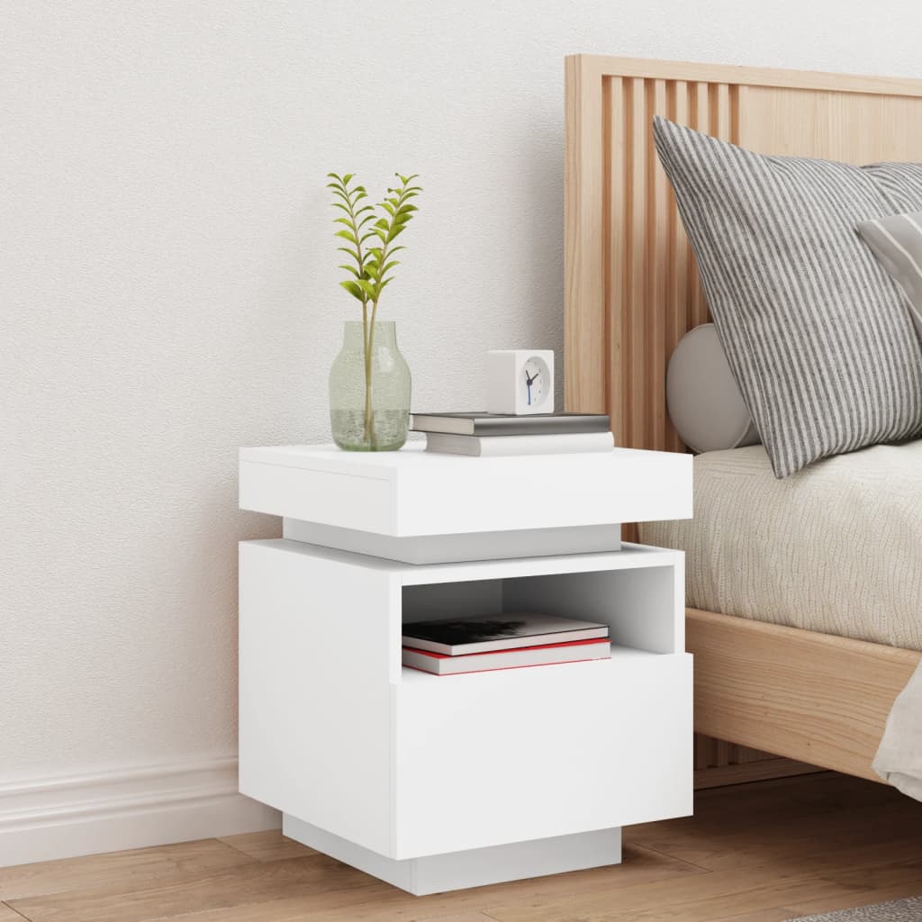 White Bedside Cabinet with LED Lights, 40x39x48.5 cm, Modern Design