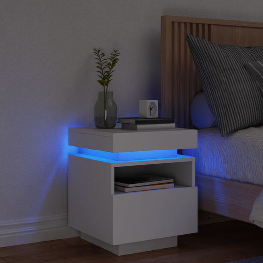 White Bedside Cabinet with LED Lights, 40x39x48.5 cm, Modern Design