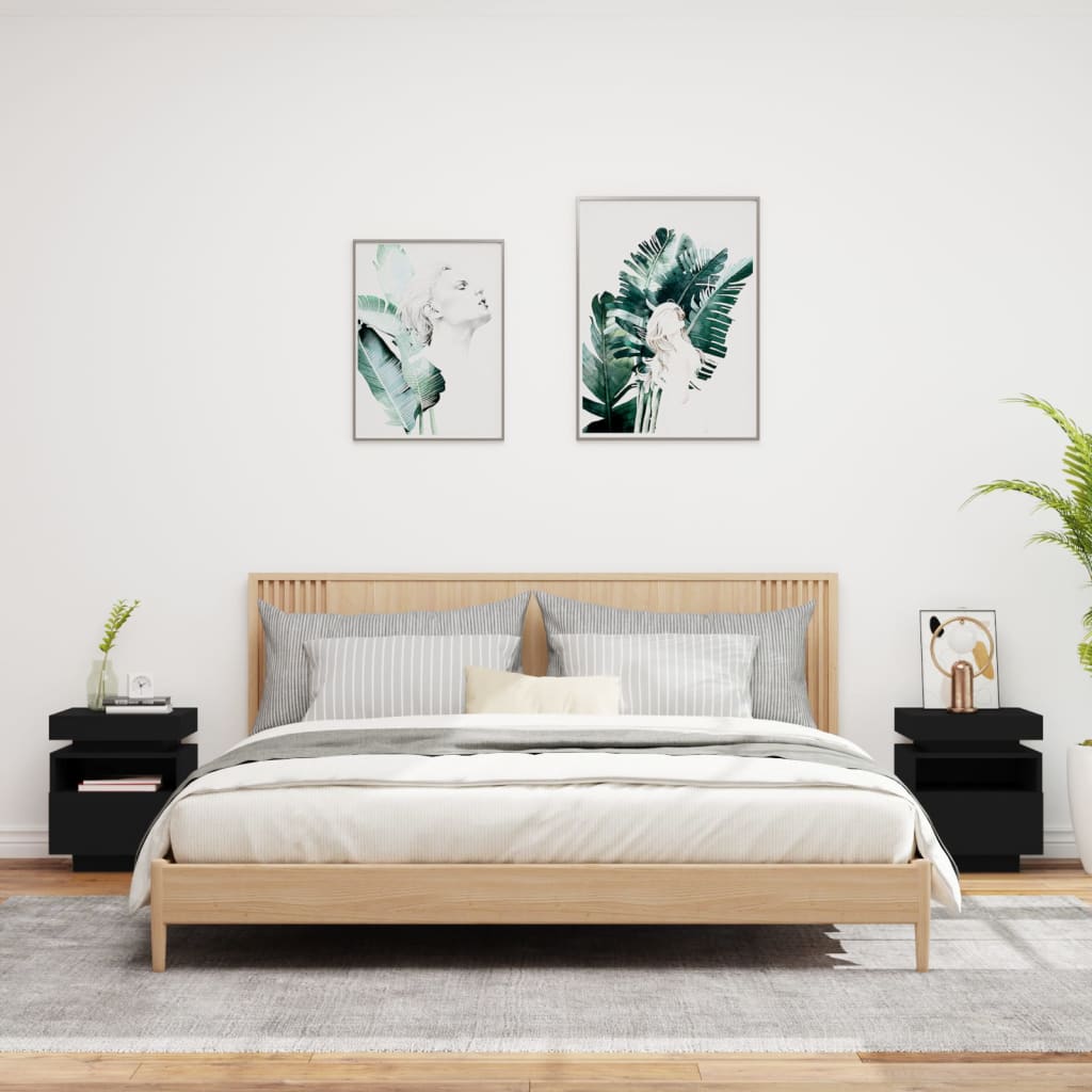 Black LED Bedside Cabinets 2pcs, 40x39x48.5cm - Modern Nightstands