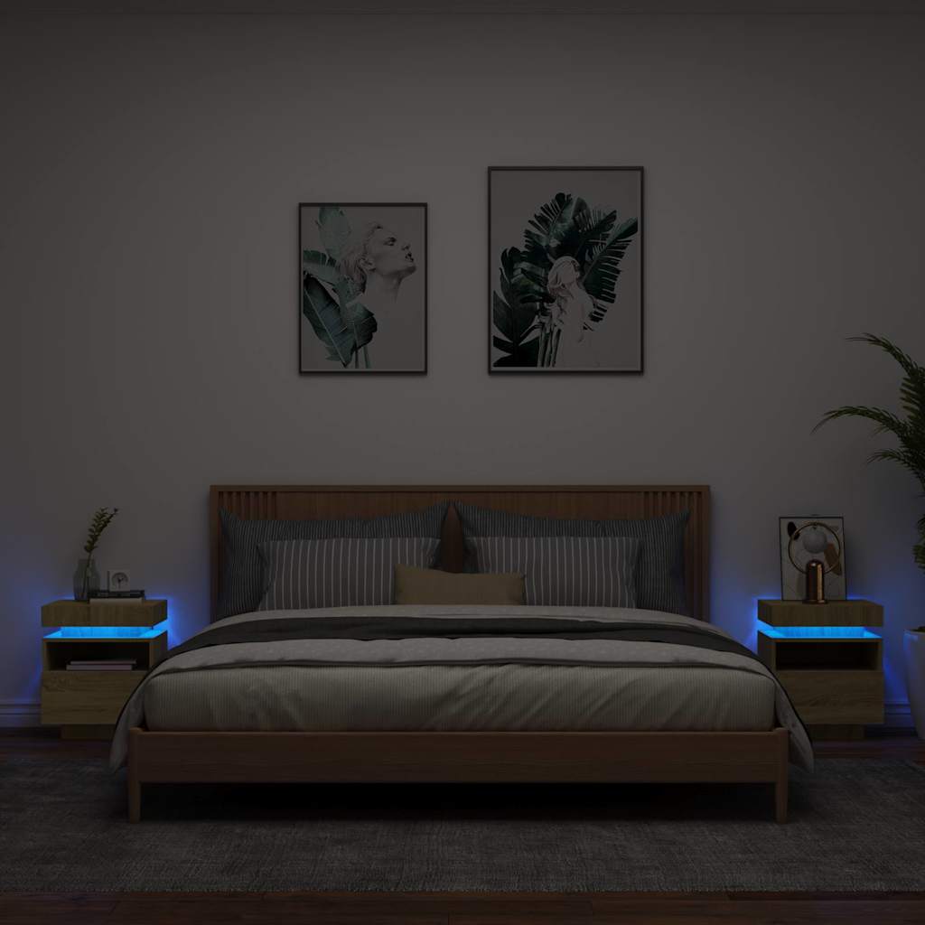 Sonoma Oak LED Bedside Cabinets 2pc Set - 40x39x48.5 cm