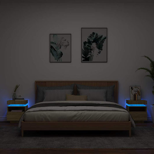 Sonoma Oak LED Bedside Cabinets 2pc Set - 40x39x48.5 cm
