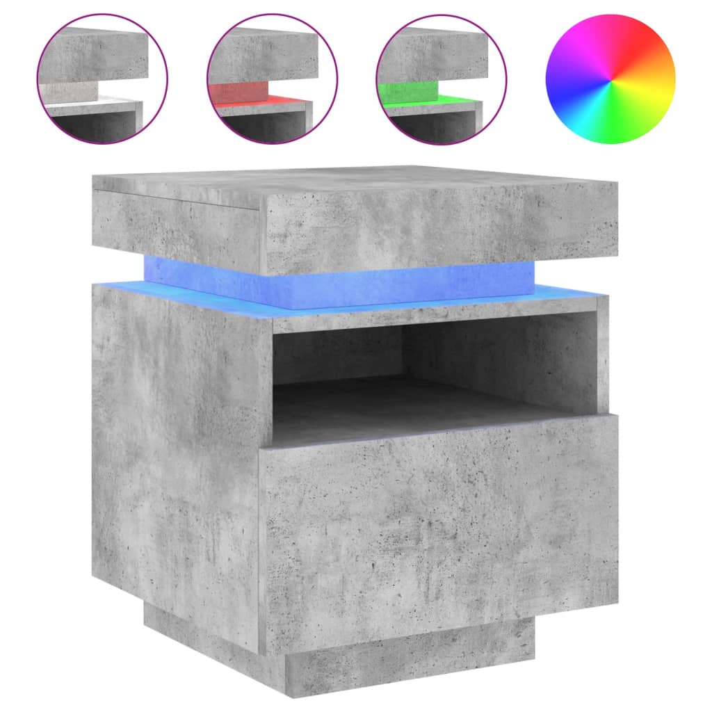 Concrete Grey Bedside Cabinet with LED Lights - 40x39x48.5 cm