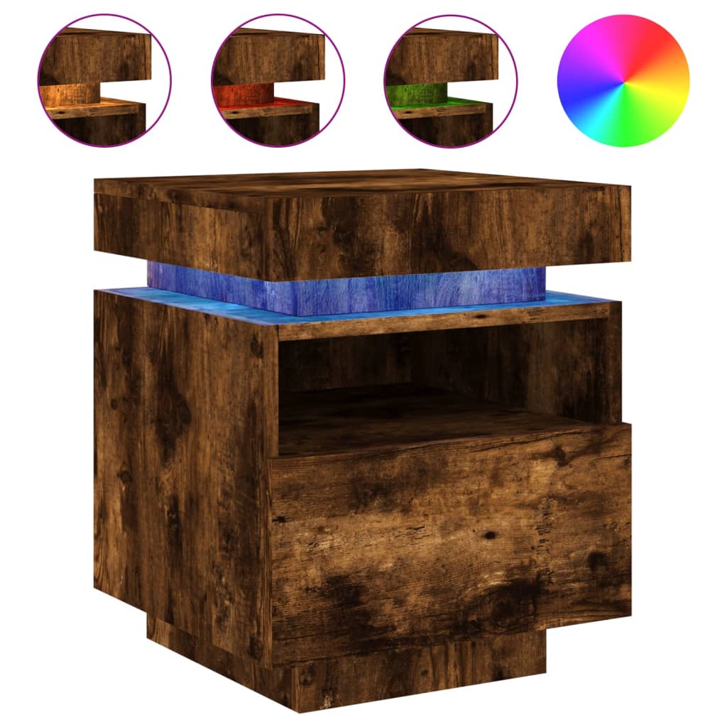 Smoked Oak Bedside Cabinet with LED Lights - 40x39x48.5 cm
