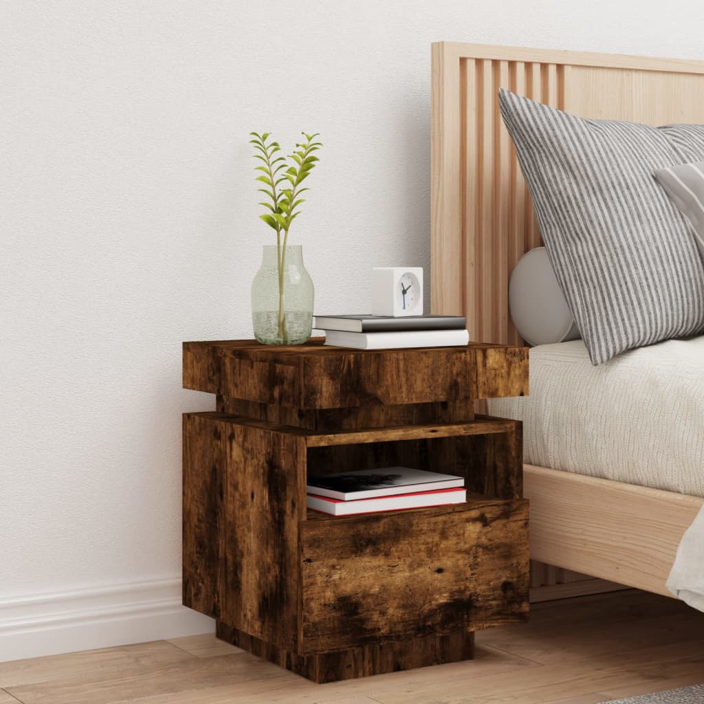 Smoked Oak Bedside Cabinet with LED Lights - 40x39x48.5 cm