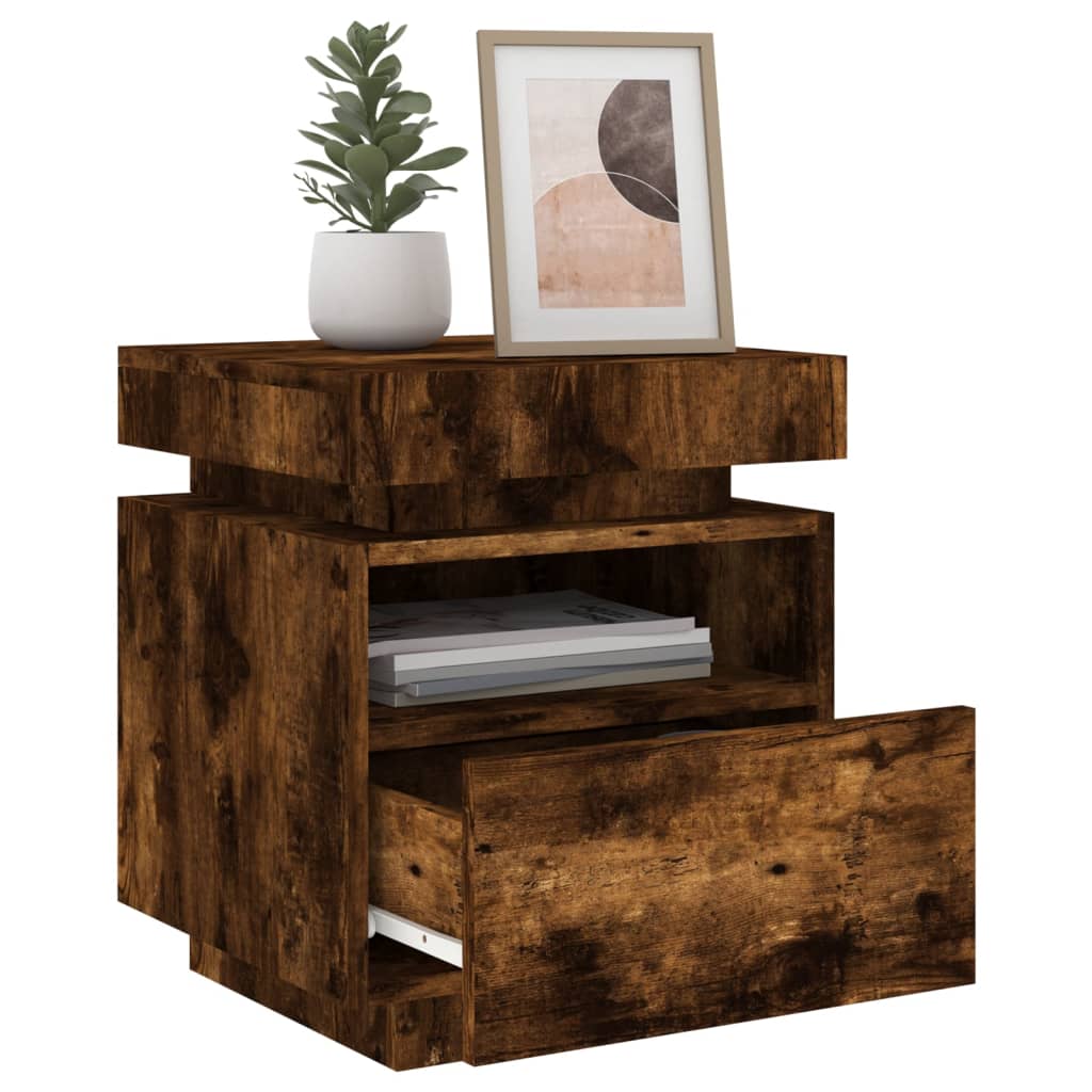 Smoked Oak Bedside Cabinet with LED Lights - 40x39x48.5 cm