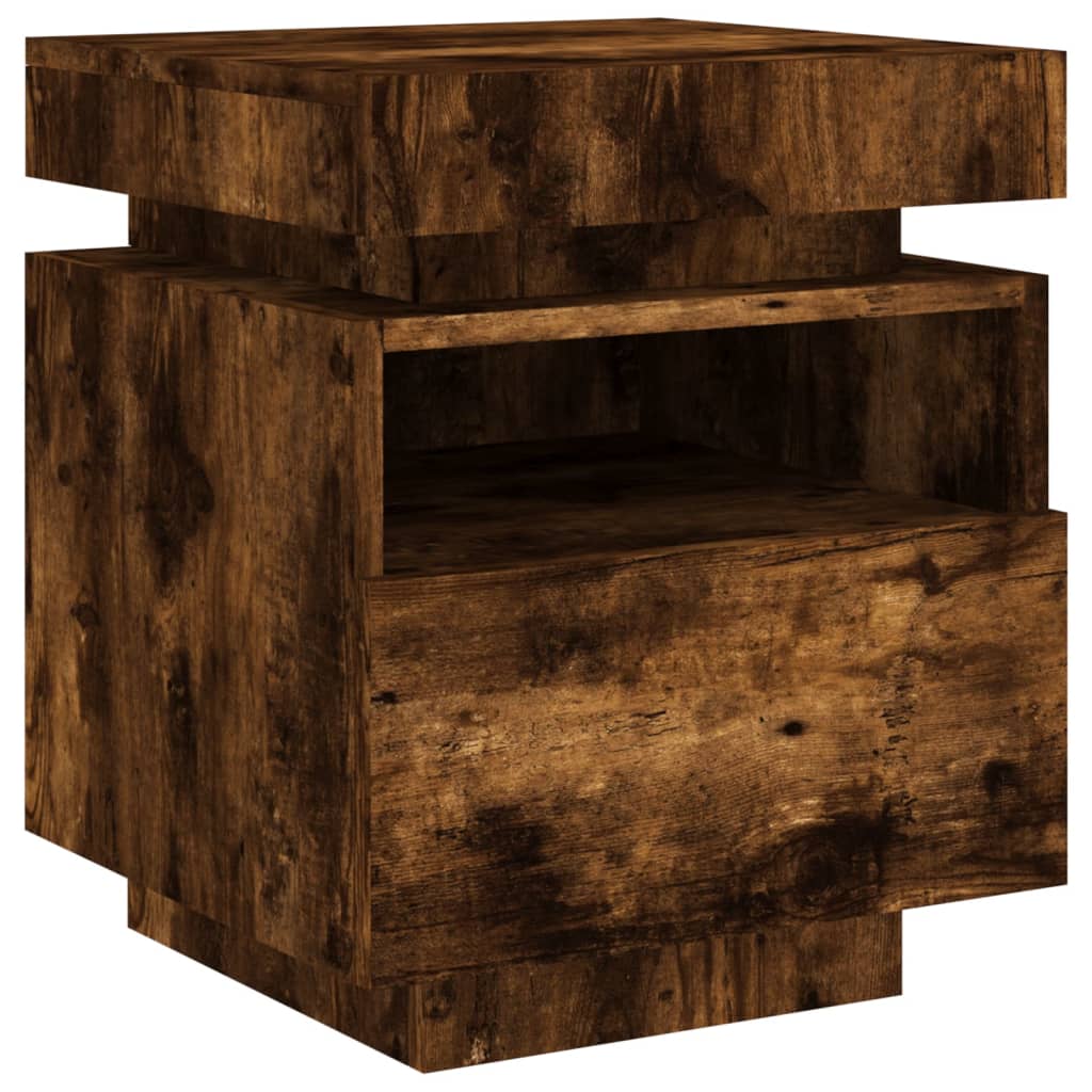 Smoked Oak Bedside Cabinet with LED Lights - 40x39x48.5 cm
