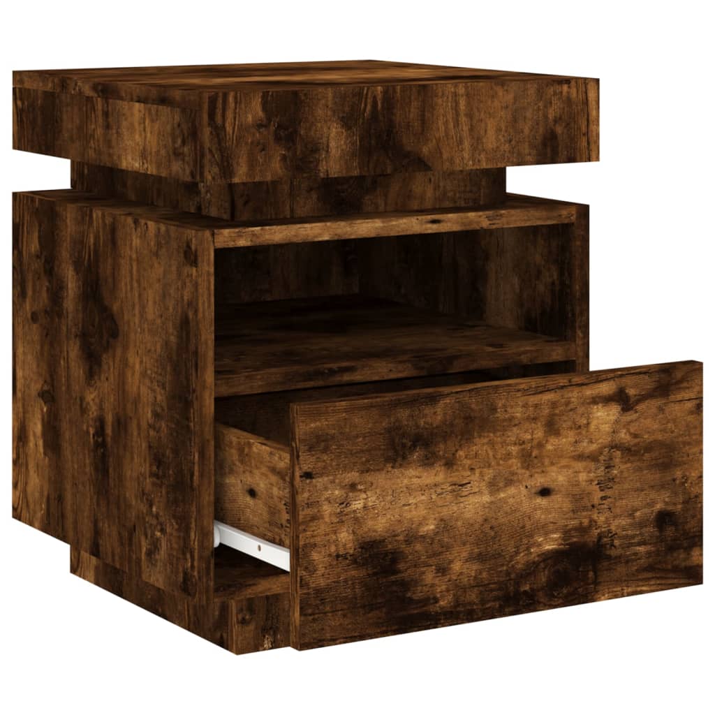 Smoked Oak Bedside Cabinet with LED Lights - 40x39x48.5 cm