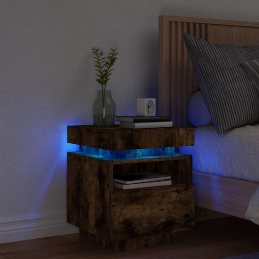 Smoked Oak Bedside Cabinet with LED Lights - 40x39x48.5 cm