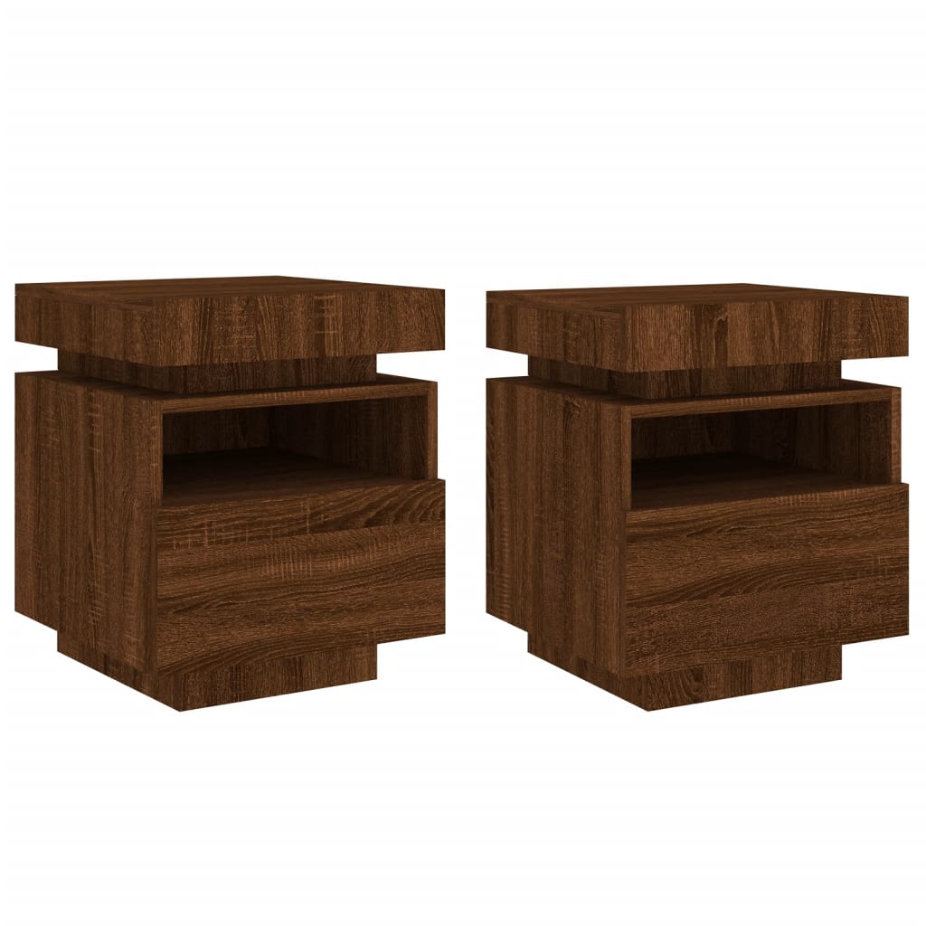 Pair of Brown Oak LED Bedside Cabinets - 40x39x48.5 cm