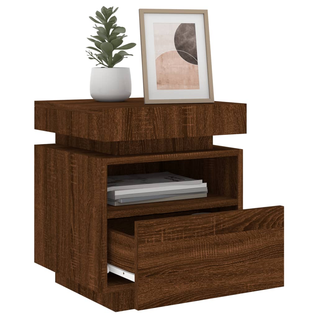 Pair of Brown Oak LED Bedside Cabinets - 40x39x48.5 cm