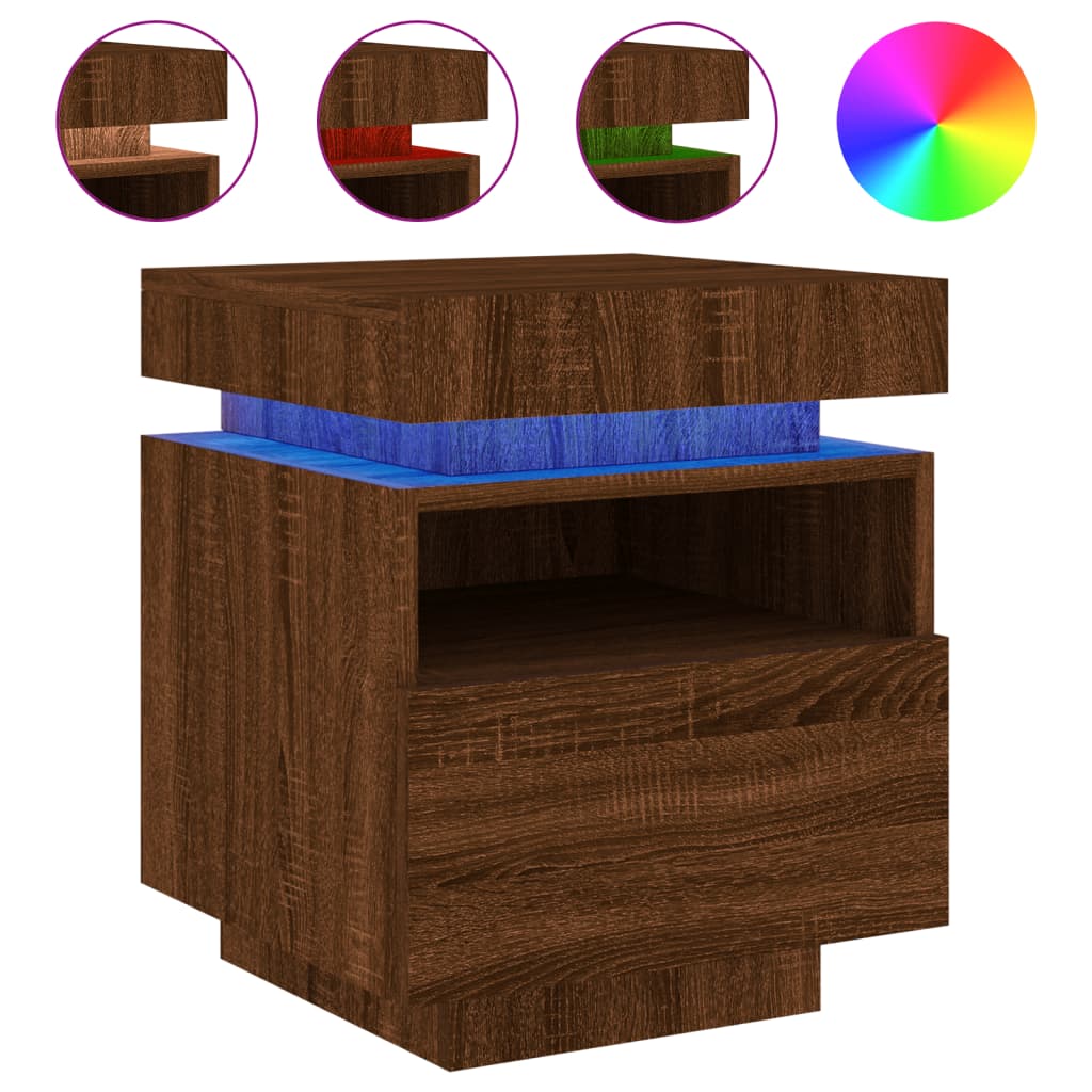 Pair of Brown Oak LED Bedside Cabinets - 40x39x48.5 cm