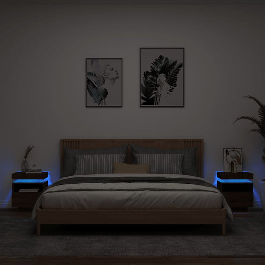 Pair of Brown Oak LED Bedside Cabinets - 40x39x48.5 cm