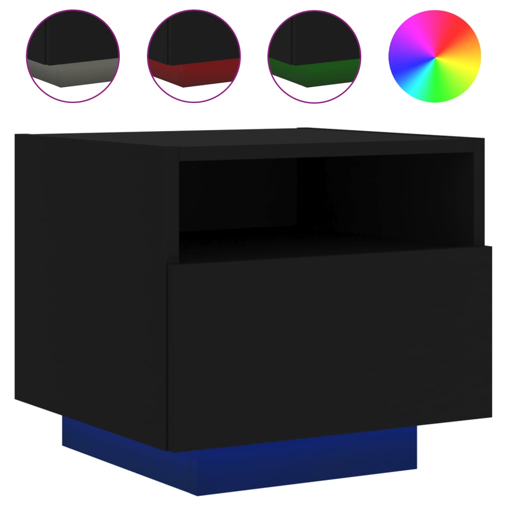 Black Bedside Cabinet with LED Lights - 40x39x37 cm MDF