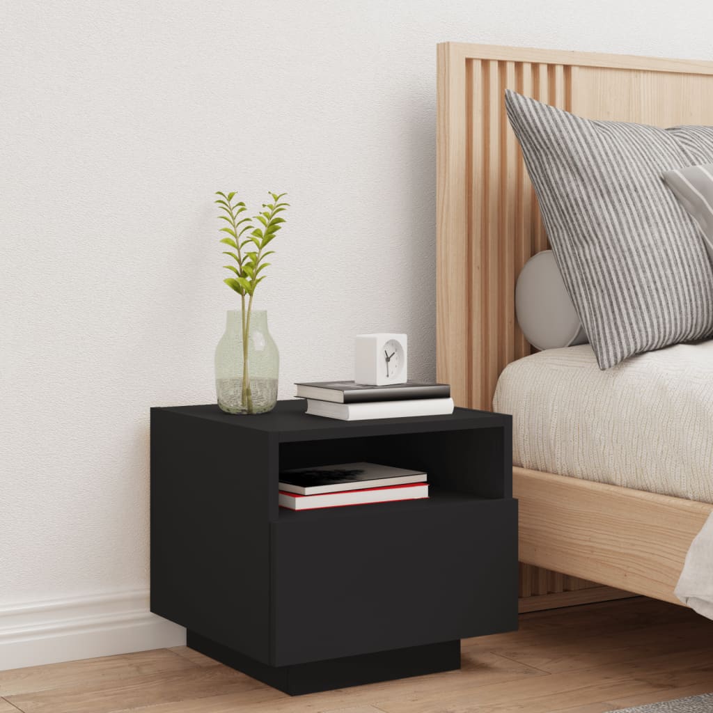 Black Bedside Cabinet with LED Lights - 40x39x37 cm MDF
