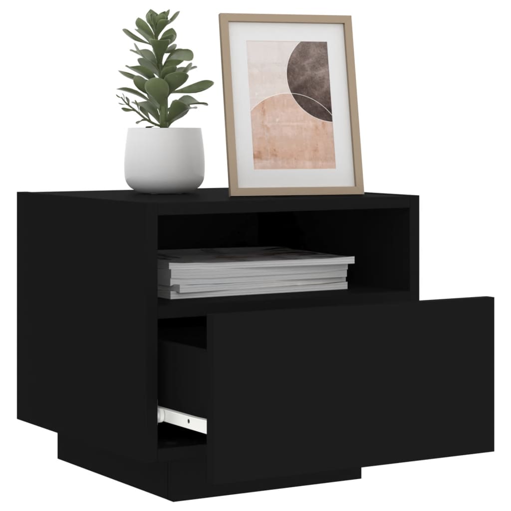Black Bedside Cabinet with LED Lights - 40x39x37 cm MDF