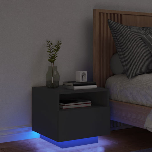 Black Bedside Cabinet with LED Lights - 40x39x37 cm MDF