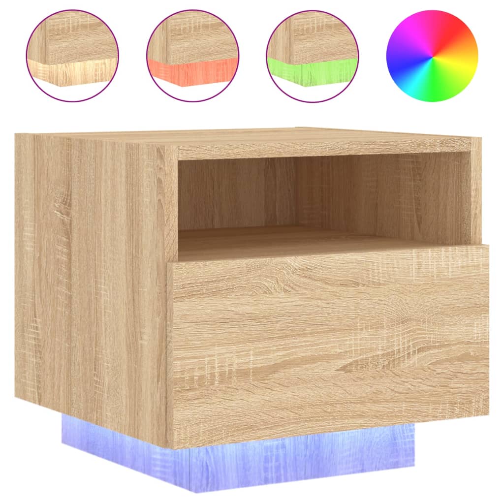 Sonoma Oak Bedside Cabinet with LED Lights - 40x39x37 cm