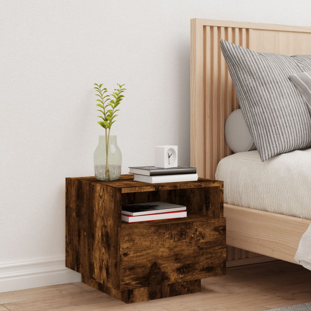 Smoked Oak Bedside Cabinet with LED Lights - 40x39x37 cm