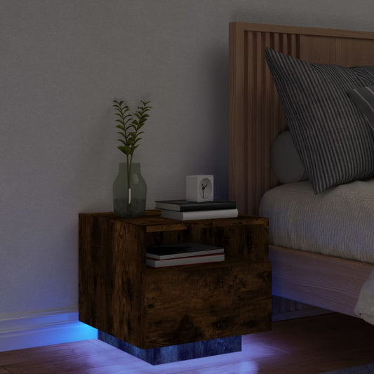 Smoked Oak Bedside Cabinet with LED Lights - 40x39x37 cm