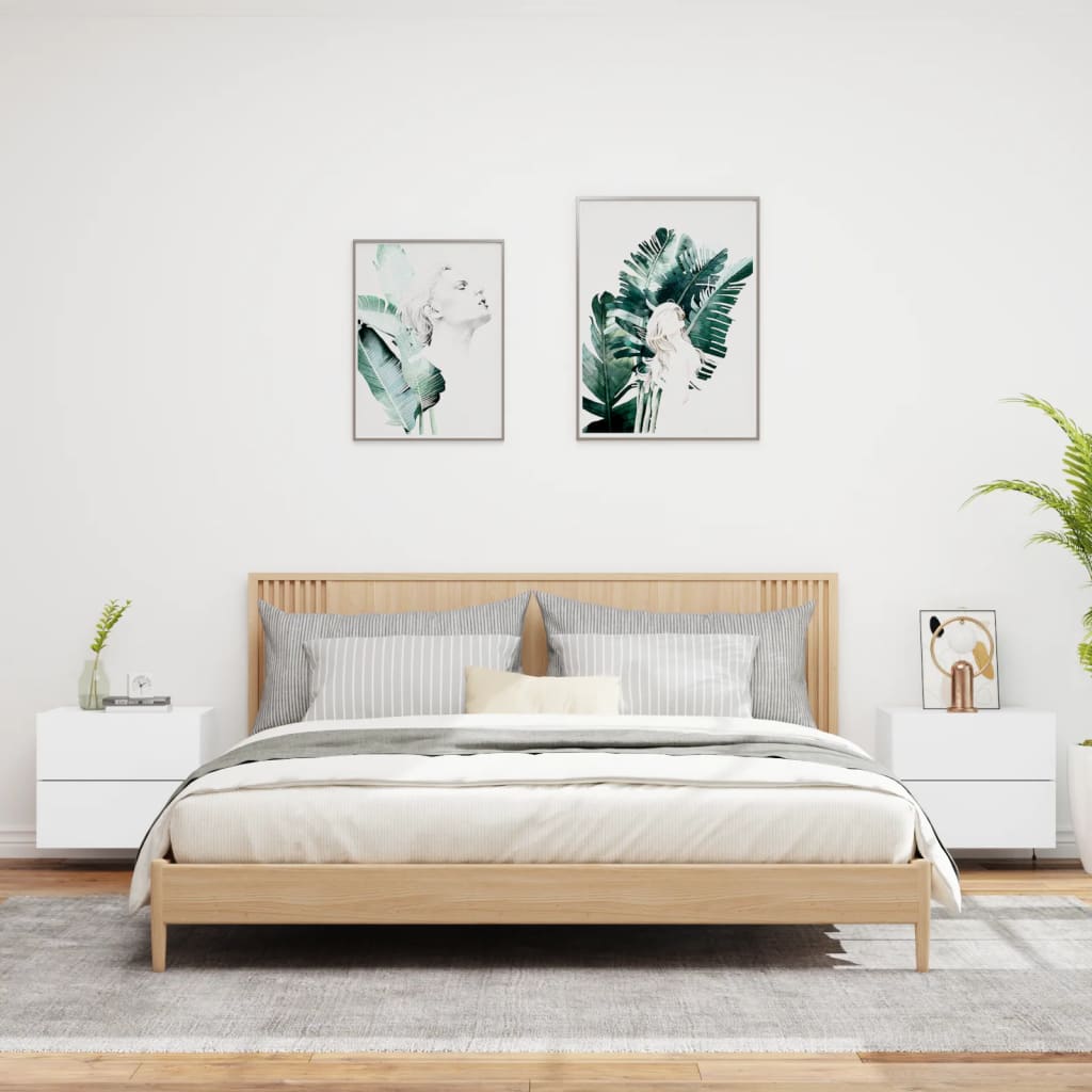 White Wall-Mounted Bedside Cabinets with LED Lights - 2 Pcs