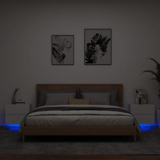 White Wall-Mounted Bedside Cabinets with LED Lights - 2 Pcs