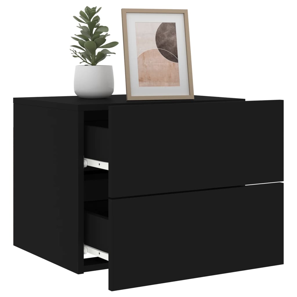 Black Wall-Mounted Bedside Cabinets with LED Lights - Set of 2