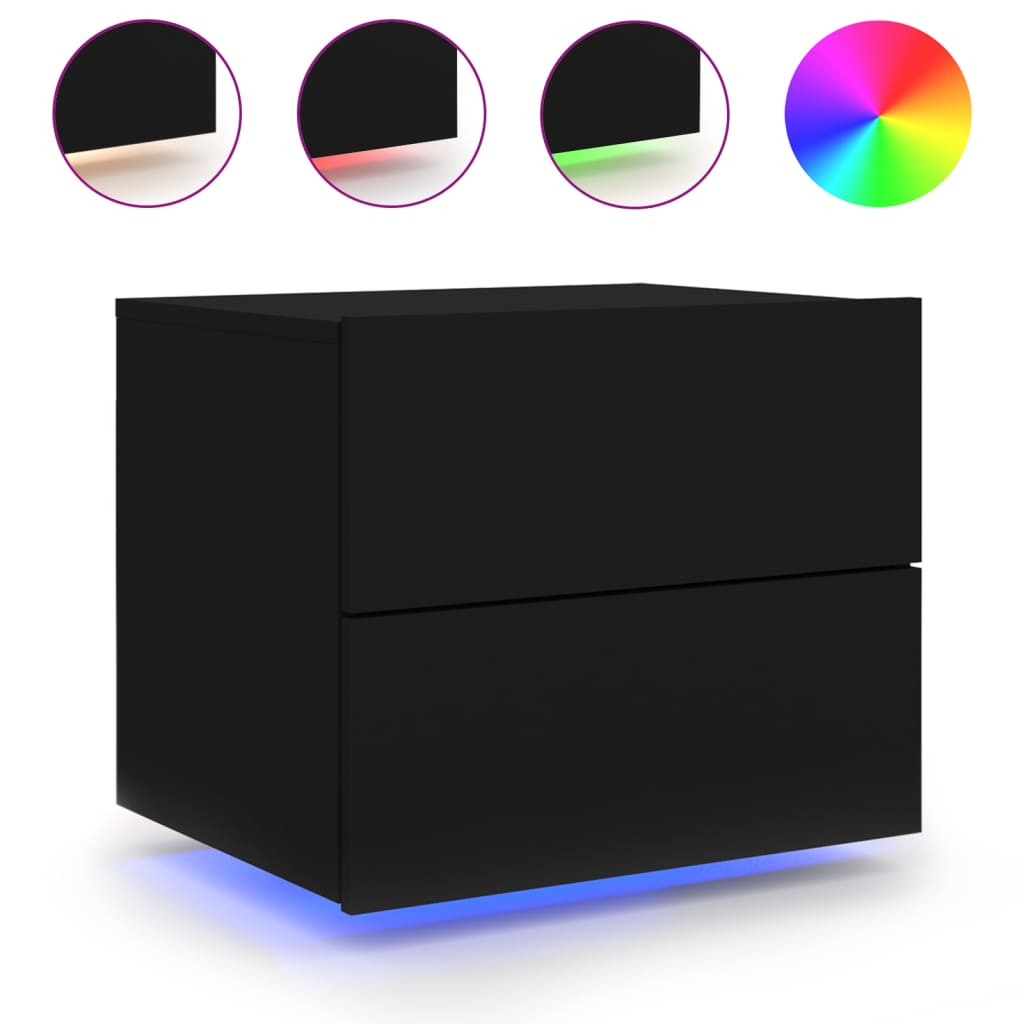 Black Wall-Mounted Bedside Cabinets with LED Lights - Set of 2