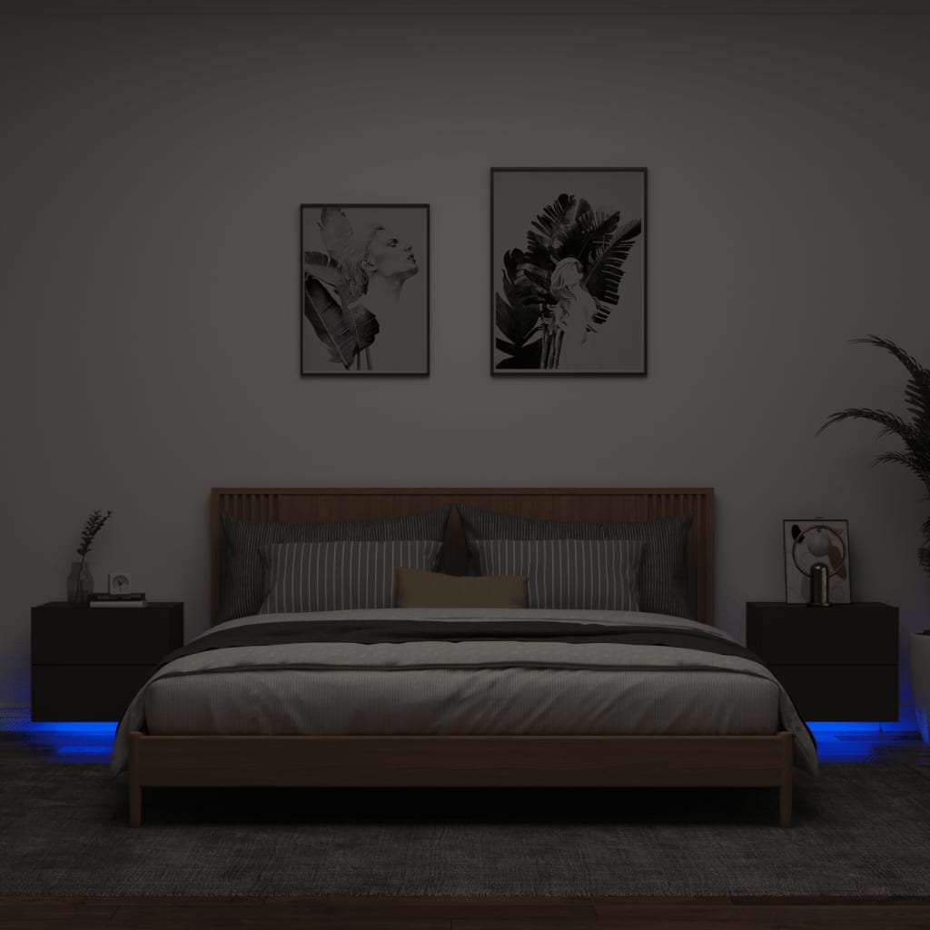 Black Wall-Mounted Bedside Cabinets with LED Lights - Set of 2