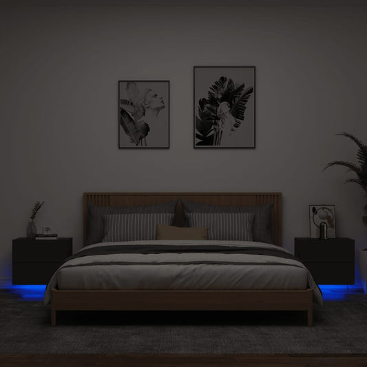 Black Wall-Mounted Bedside Cabinets with LED Lights - Set of 2