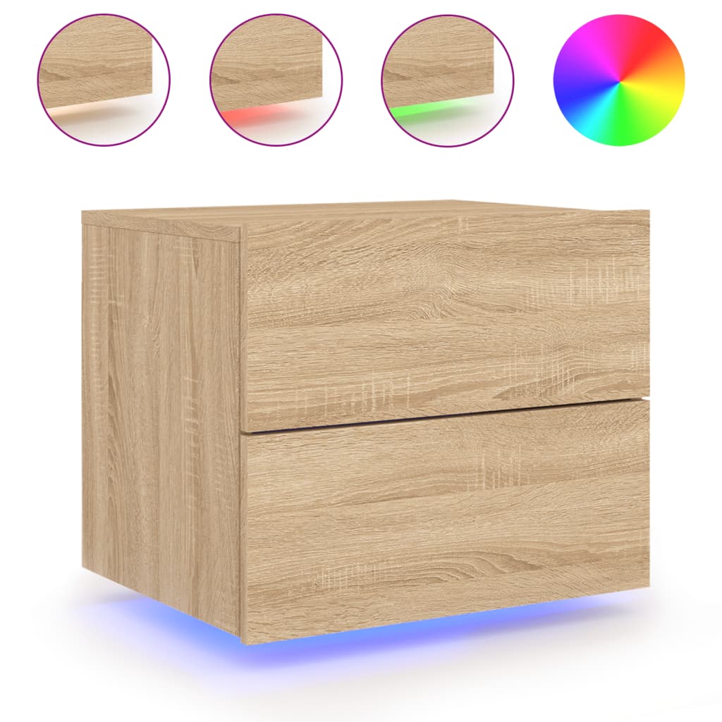 Sonoma Oak Wall-Mounted Bedside Cabinet with LED Lights