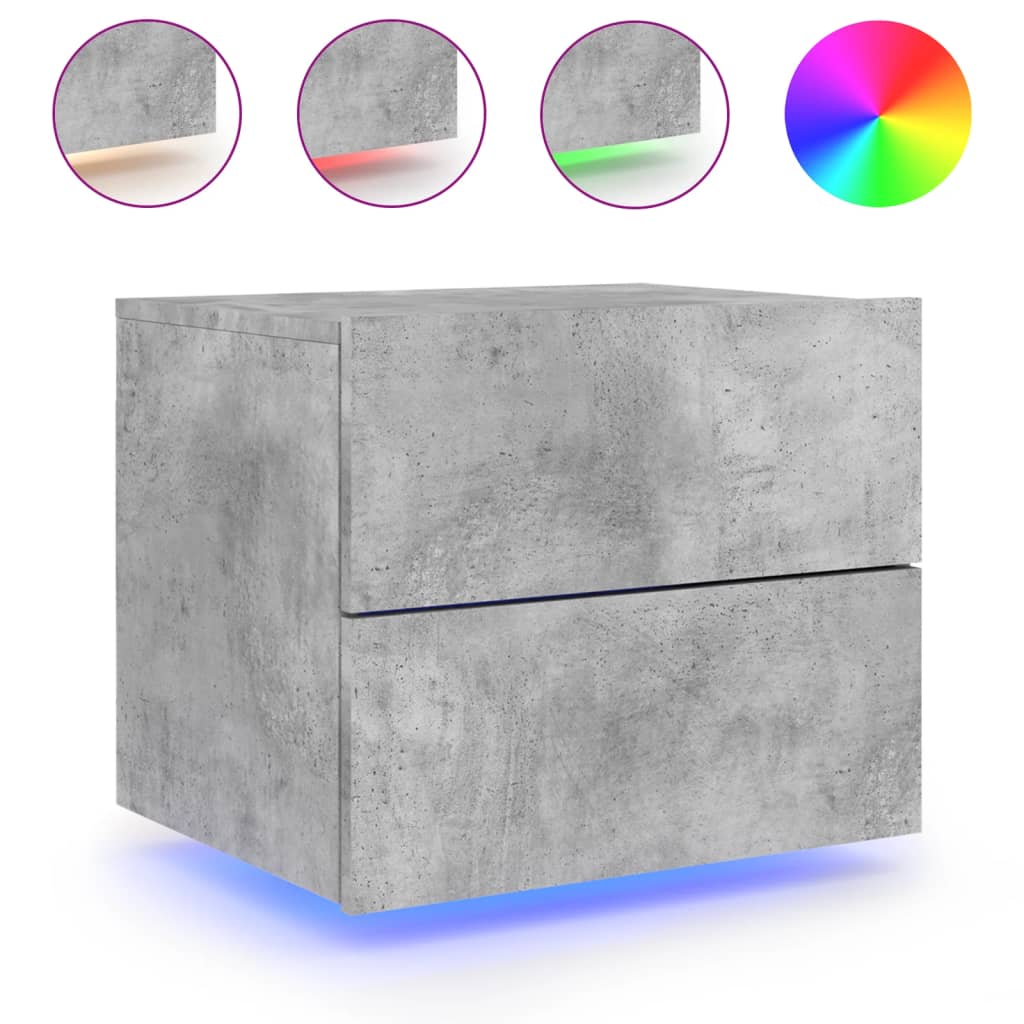 Concrete Grey Wall-Mounted Bedside Cabinet with LED Lights