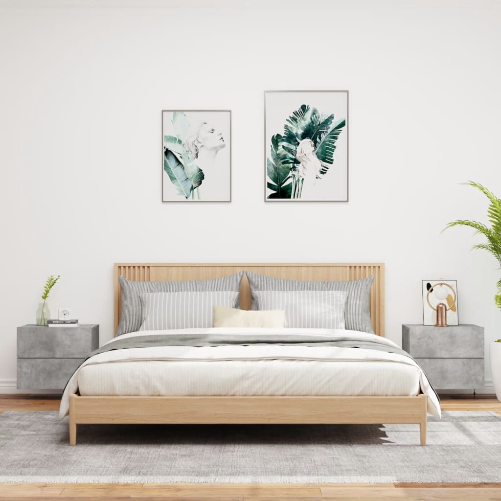 Concrete Grey Wall-Mounted Bedside Cabinets with LED Lights, 2 pcs