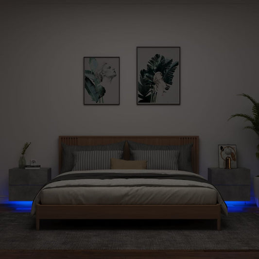 Concrete Grey Wall-Mounted Bedside Cabinets with LED Lights, 2 pcs