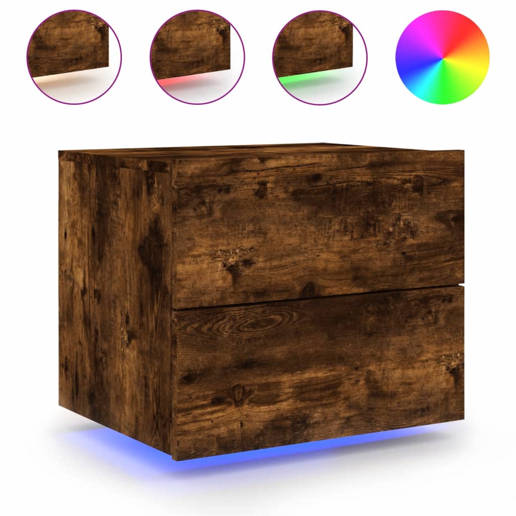 Smoked Oak Wall-Mounted Bedside Cabinet with LED Lights