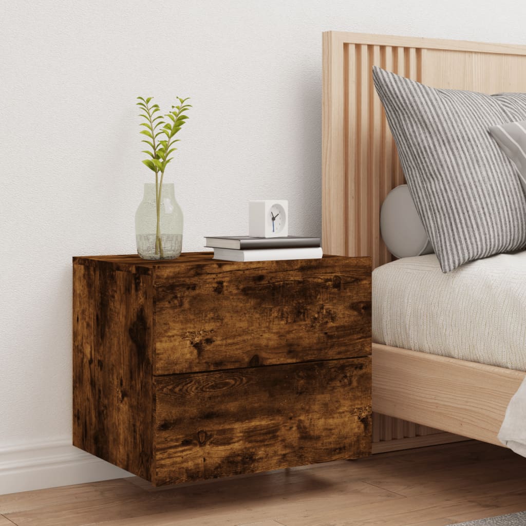 Smoked Oak Wall-Mounted Bedside Cabinet with LED Lights