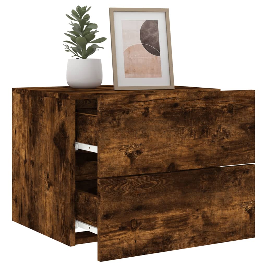 Smoked Oak Wall-Mounted Bedside Cabinet with LED Lights