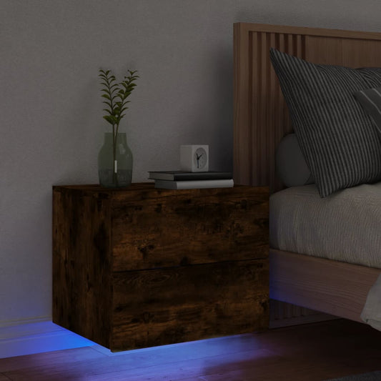 Smoked Oak Wall-Mounted Bedside Cabinet with LED Lights