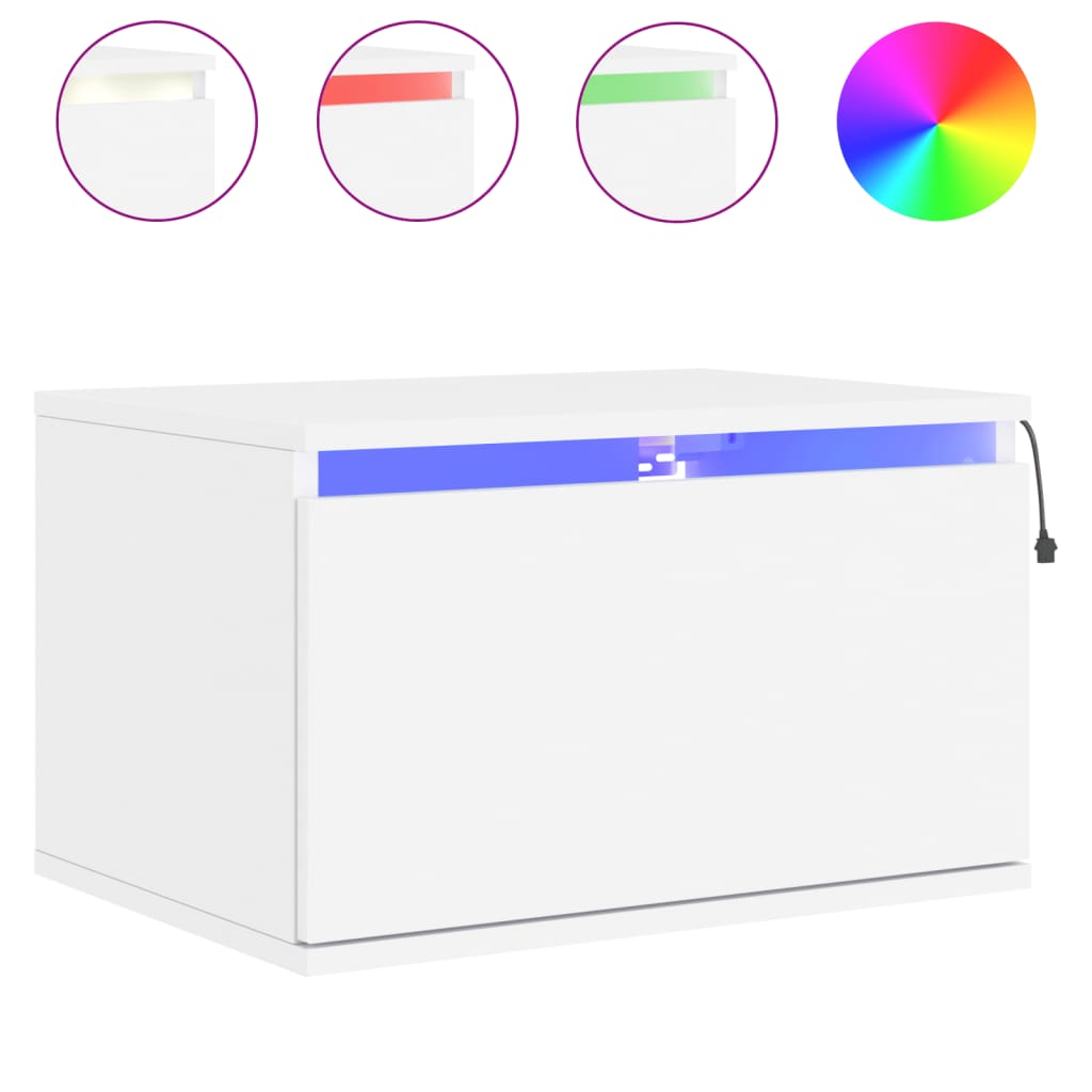 Sleek White Wall-Mounted Bedside Cabinet with LED Lights