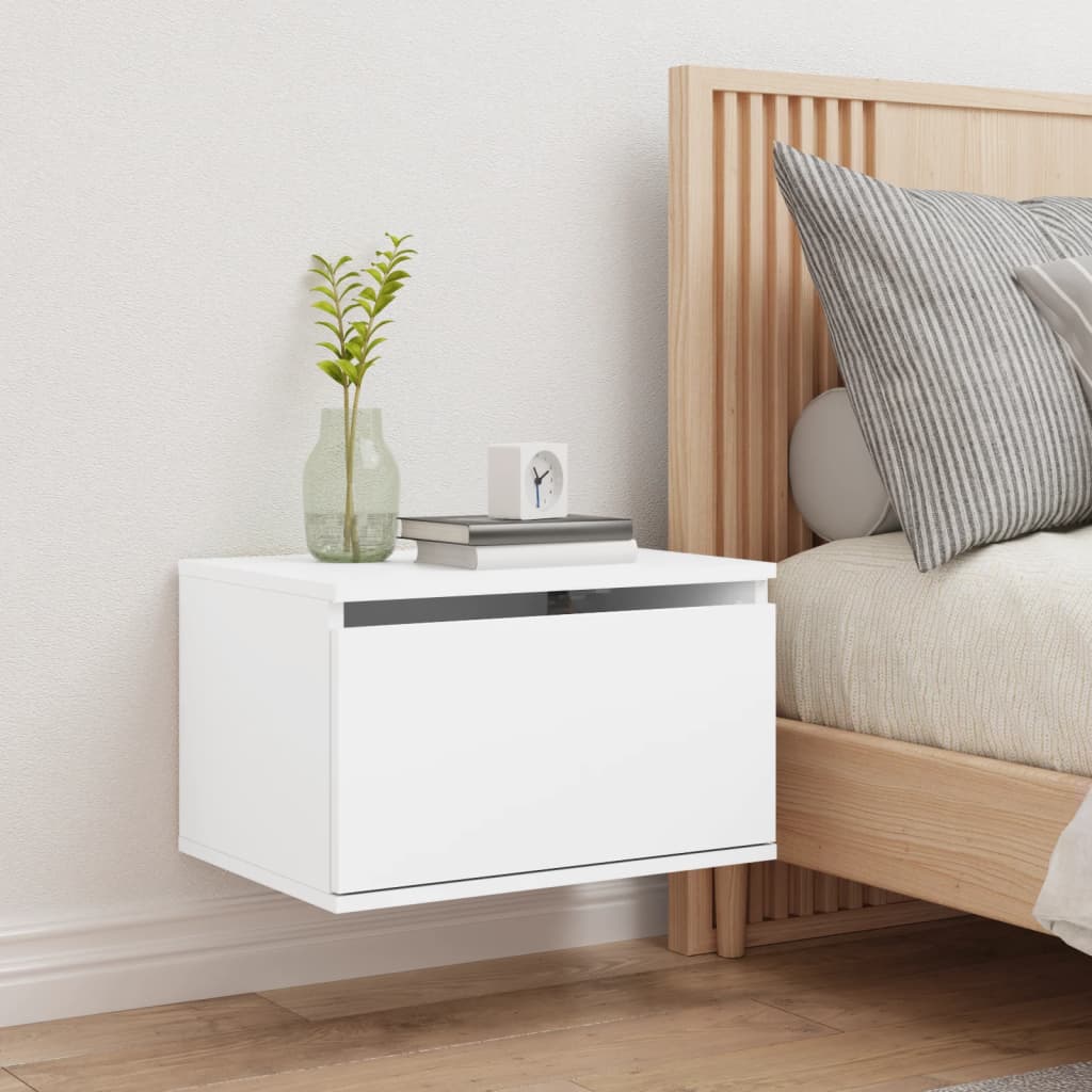 Sleek White Wall-Mounted Bedside Cabinet with LED Lights